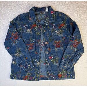 Chicos Vtg Boho Denim Embroidered Jacket Asian Floral Birds Pattern Women Size M
